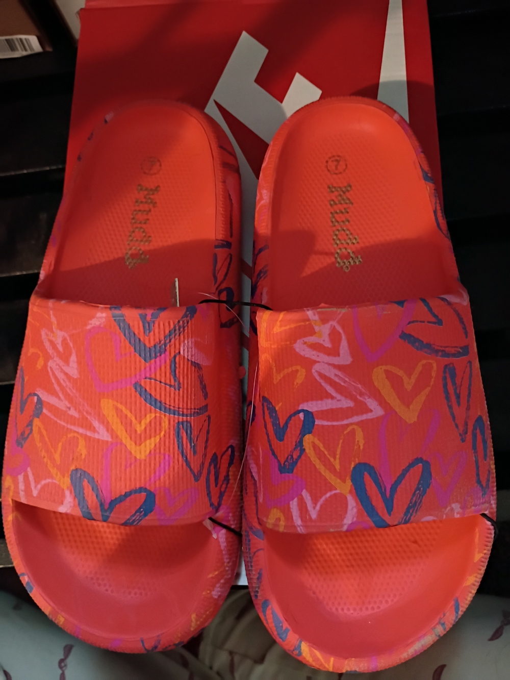 Bright Coral Heart Print Slide Sandals
